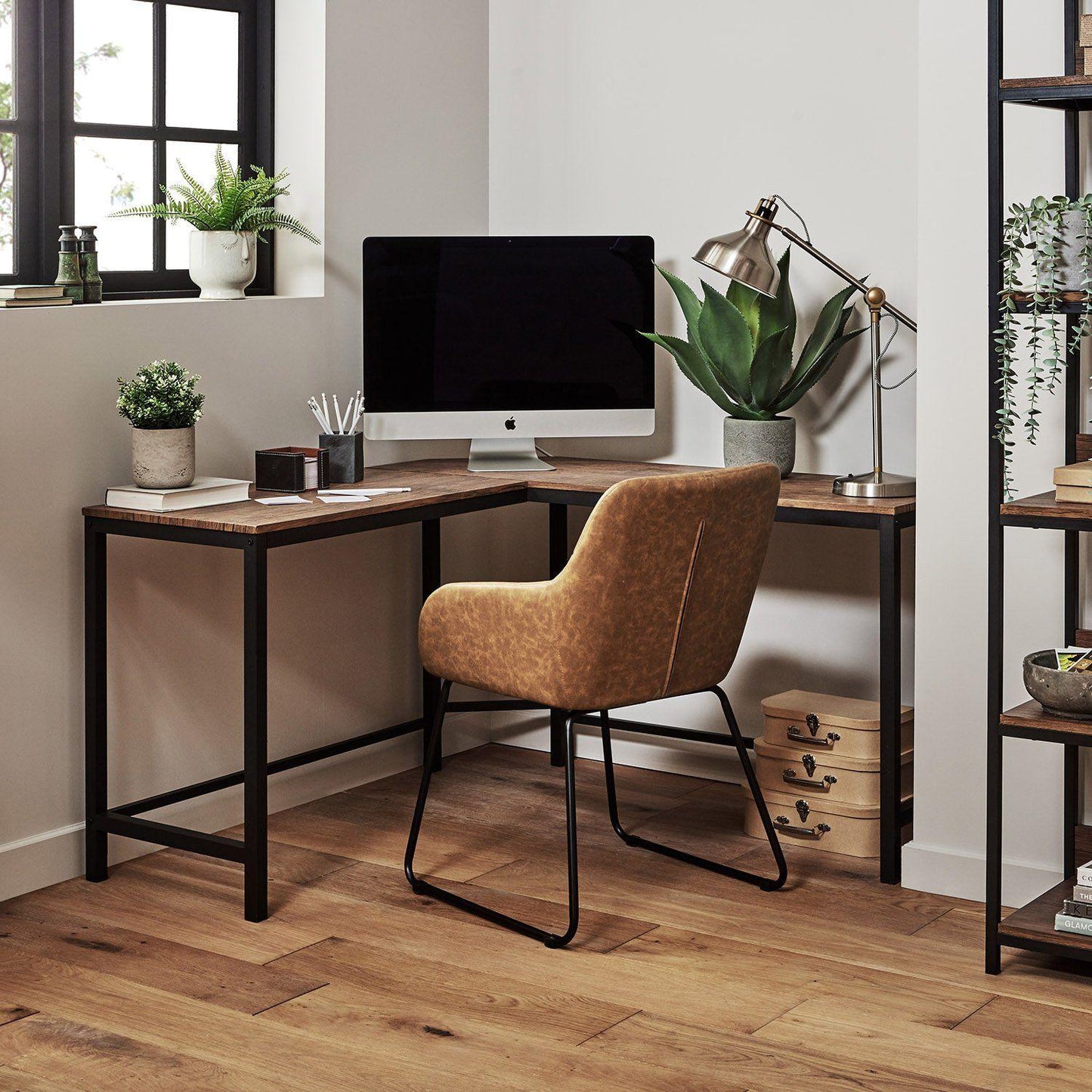 Sheffield Corner Desk - Black/Natural & Sheffield Chair - Brown