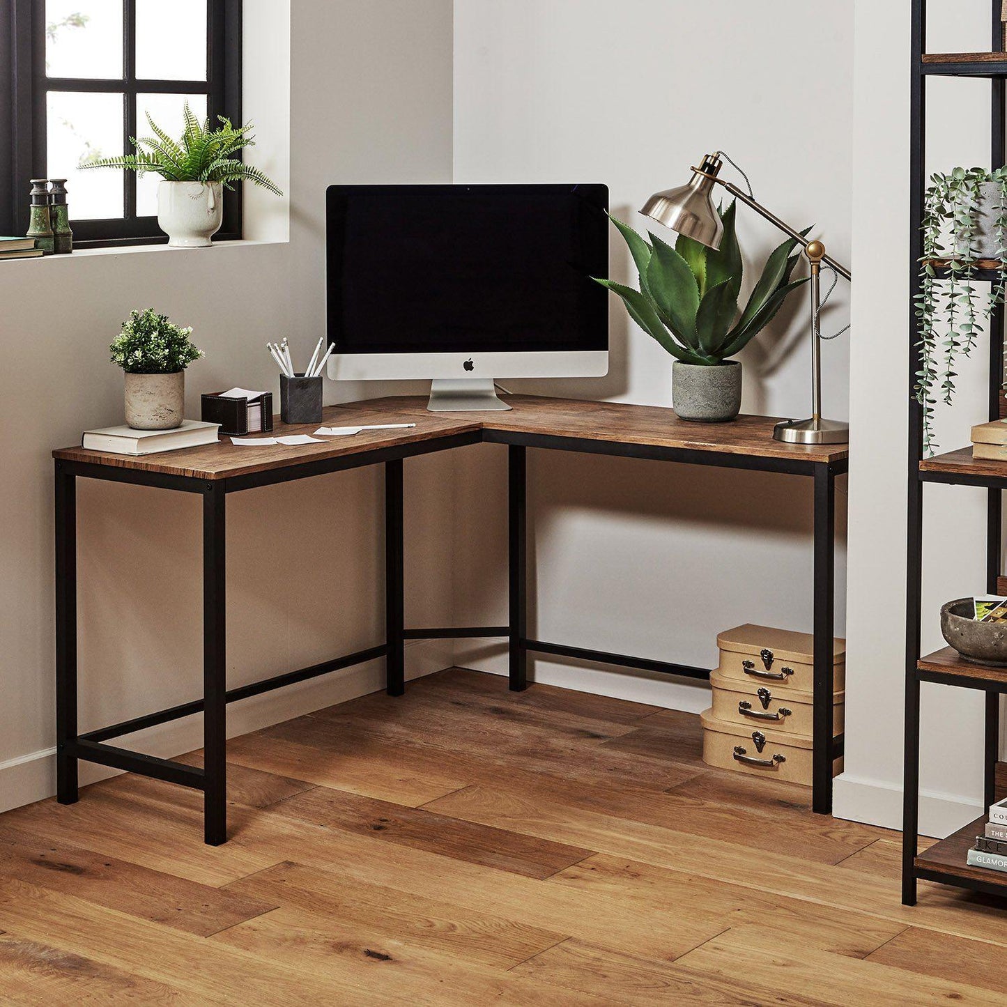 Sheffield Corner Desk - Black/Natural & Sheffield Chair - Brown